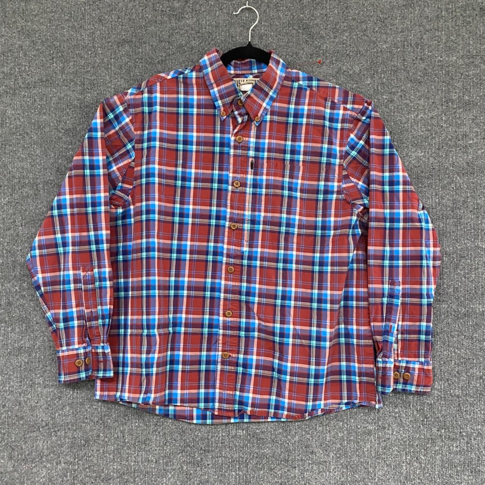 Duluth Trading Co Mens Large Plaid Button Down Shirt Red Blue Long Sleeve 89320